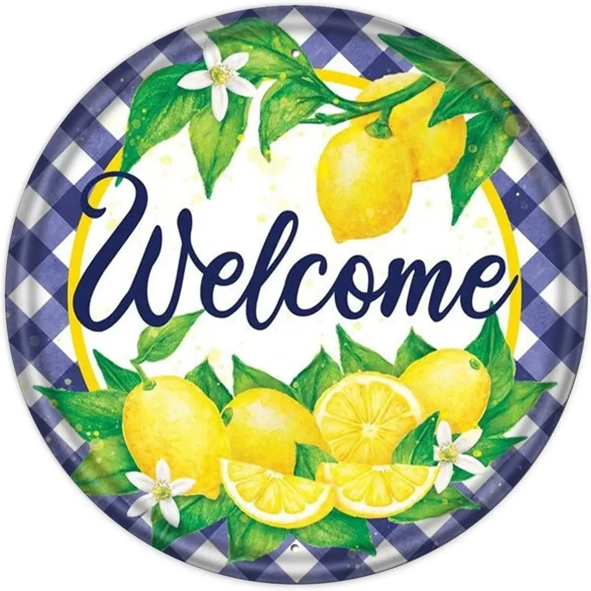 Blue White Check Welcome Lemons Vintage Round Metal Aluminum Tin Sign Door Signs Exterior Home Cave Garage bar Country Poster Cl