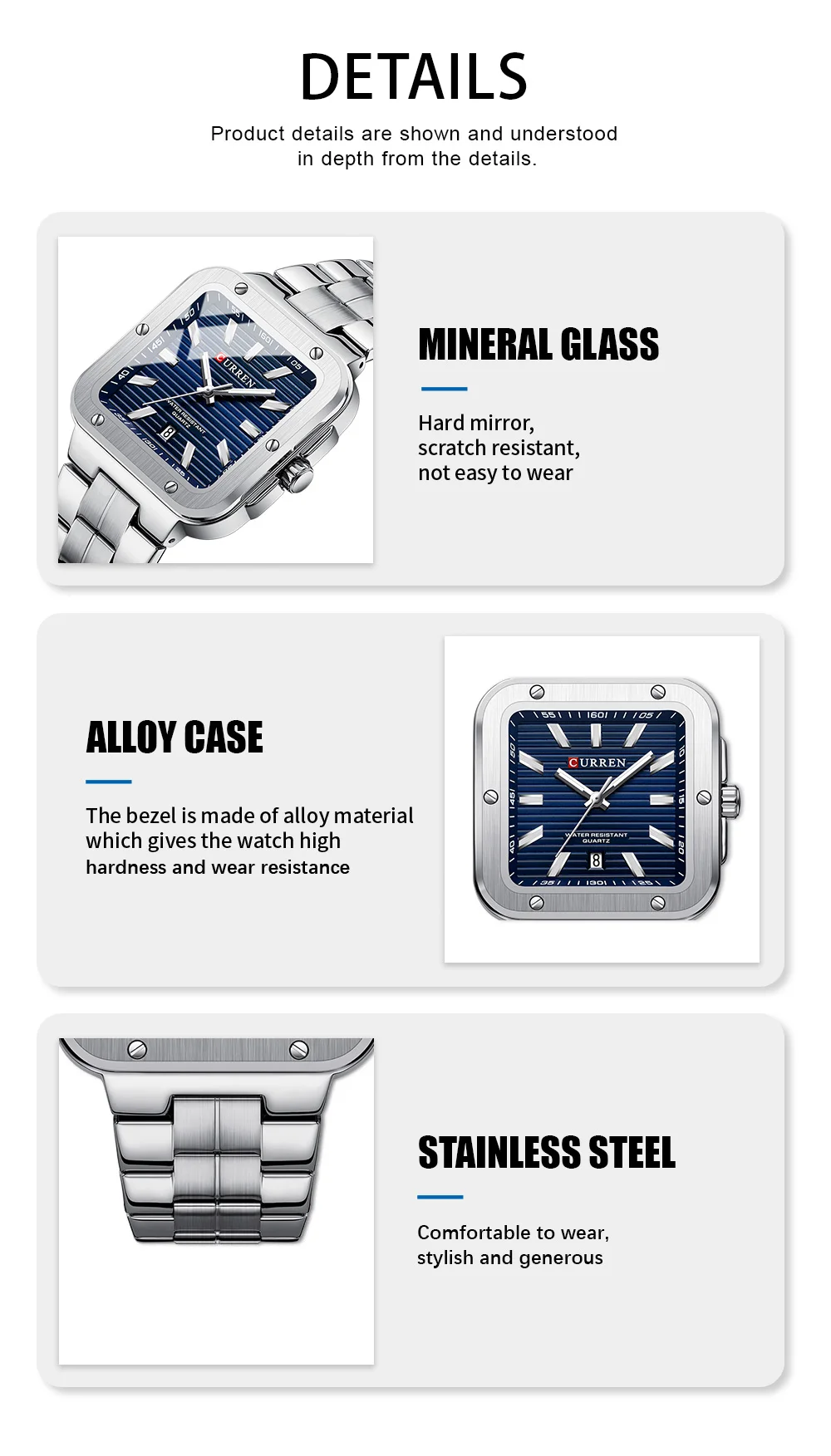 CURREN Einzigartige Quadratische Herrenuhr mit Grünem Zifferblatt - Edelstahlarmband, Business-Casual-Stil Quarz-Armbanduhren für Männer – Detail 8