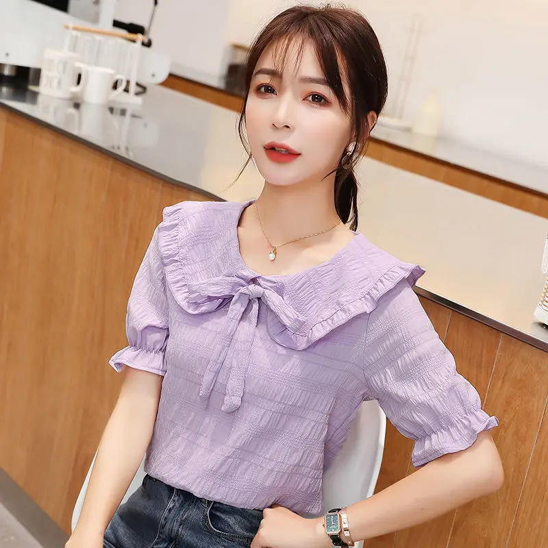 Women Clothes Summer Fashion Simplicity Sweet Bow Short Sleeve Shirts Women's Solid Color All-match Elegant Temperament Tops