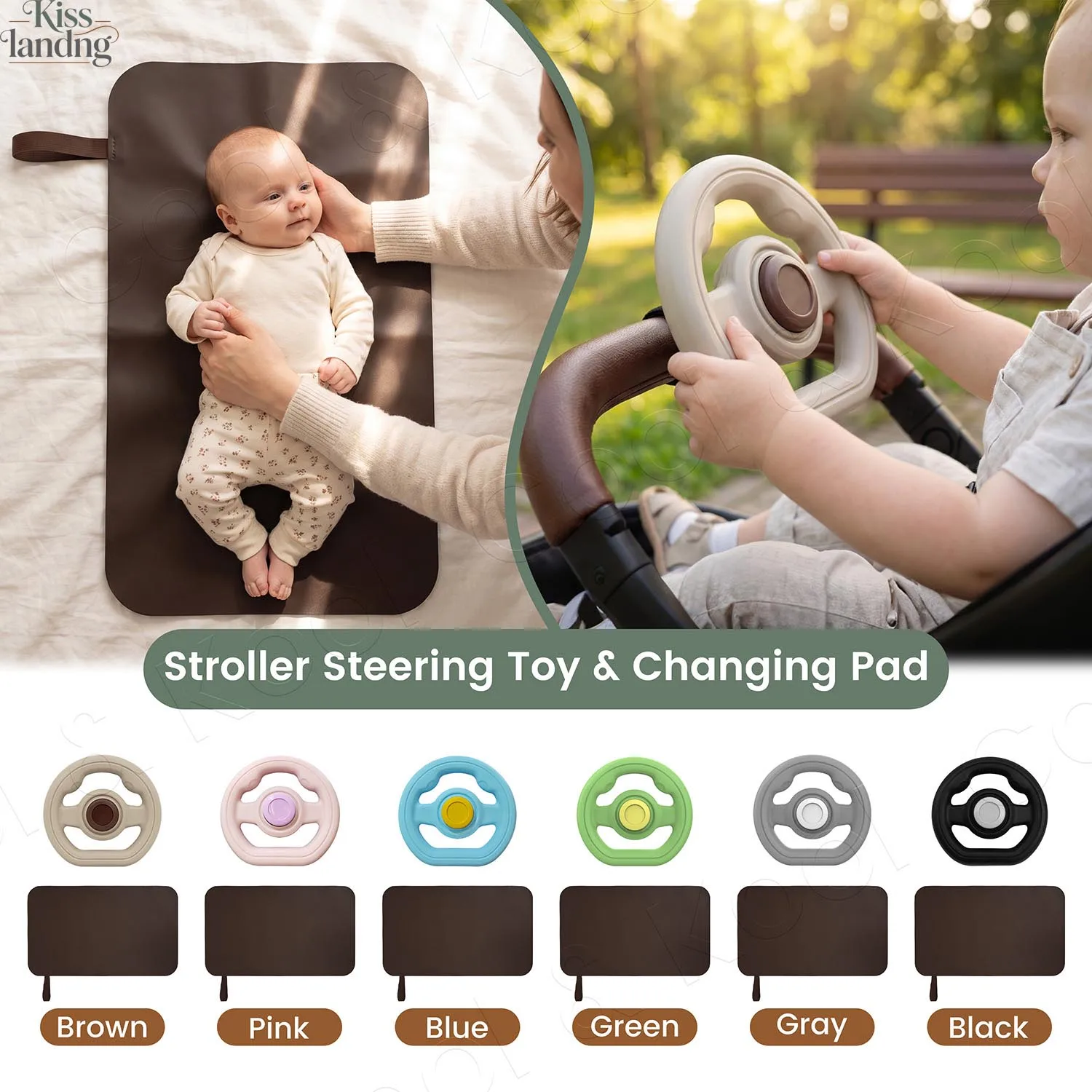 Stroller Steering Wheel & Waterproof Faux Leather Changing Pad Set, Portable Nappy Mat for Baby Travel