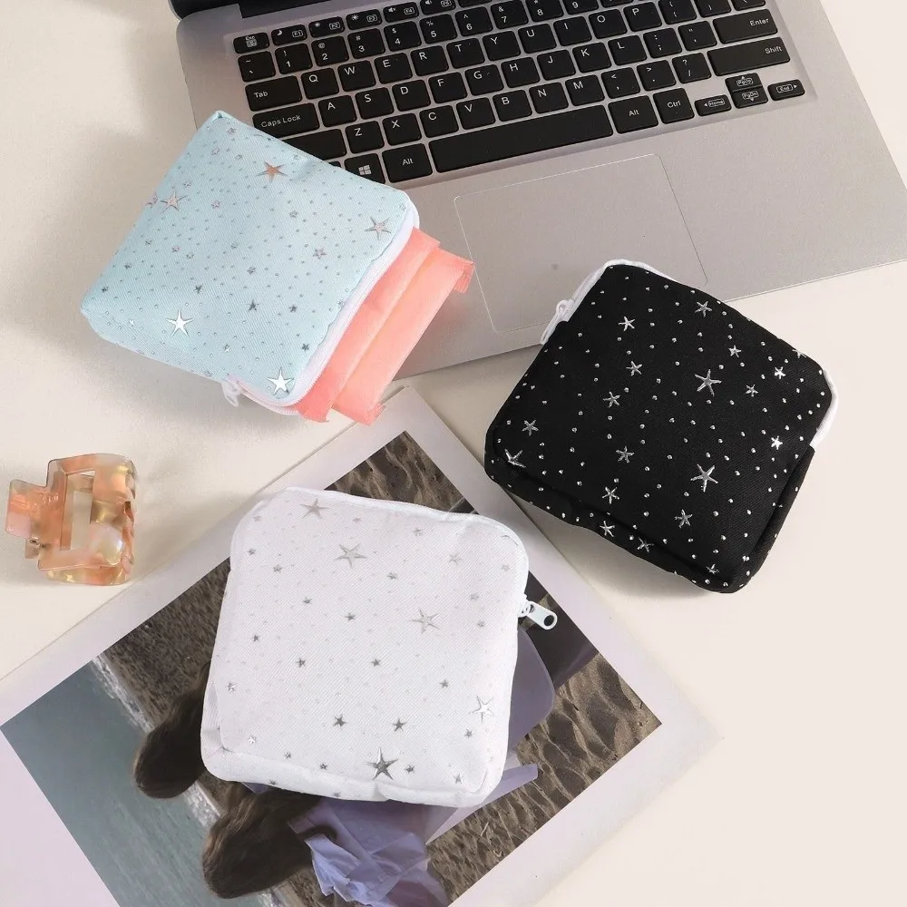 Silver Star Print Sanitary Pad Pouch Zipper Closure Portable Sanitary Napkin Storage Bag Feminine Period Pouch Women Girls