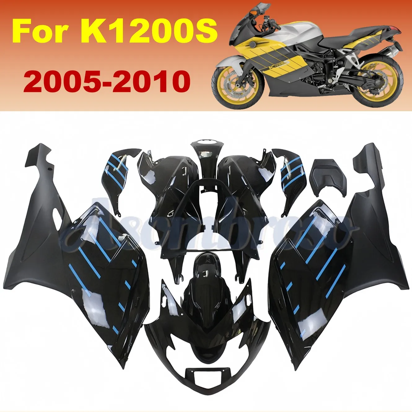 All Black Protective Bodywork fairing kit for K1200S 2005 2006 2007 2008 2009 2010 K1200 floral lines in blue