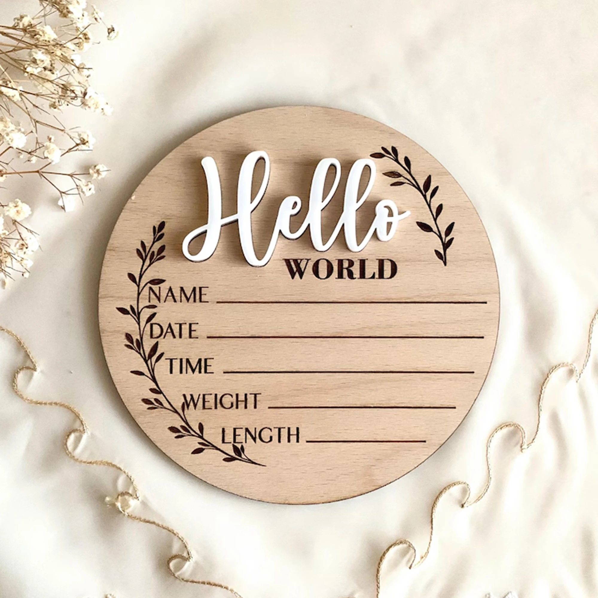 1Pc Hello World Birth Record Wooden Decorative Plaque,Home Room Wall Door Decor,DIY Paintable,Nursery Birthday Wedding Gift