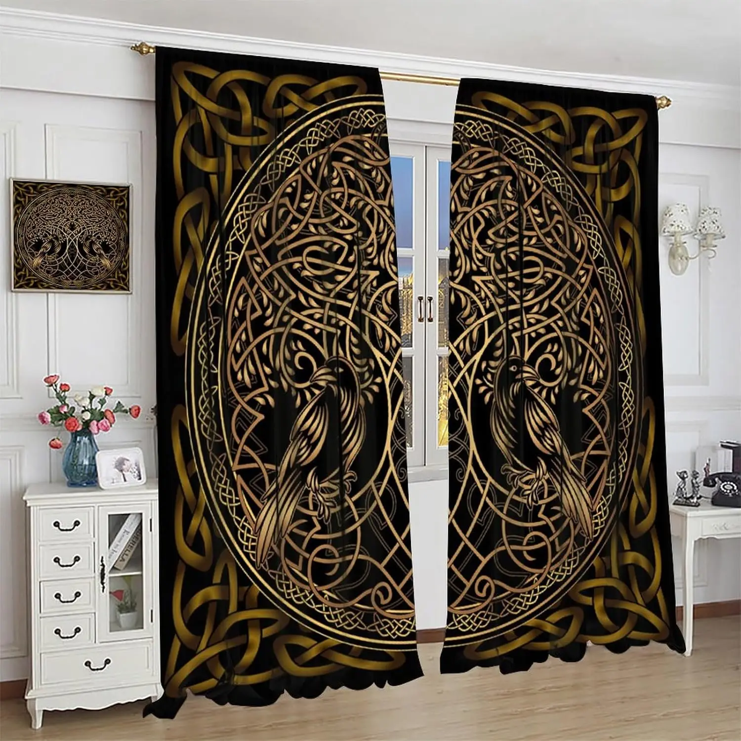 Viking Dragon Curtains, Mysterious Hand-painted Norse Mythology Ancient Rune Power Totem Window Treatments, Thermally Insulated