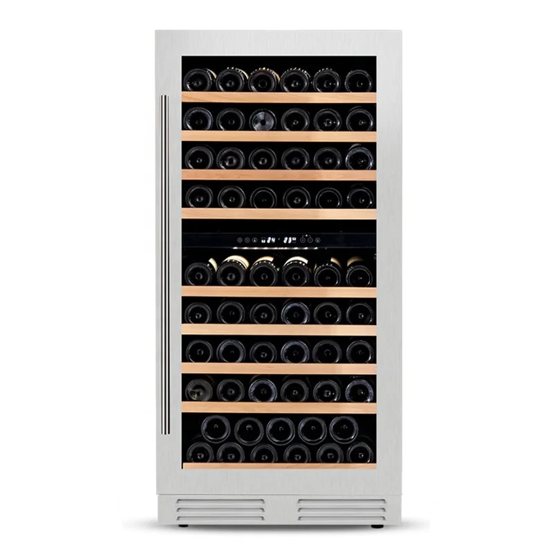 Nuevo diseño de nevera para vinos de acero inoxidable empotrada con doble zona y refrigerador.