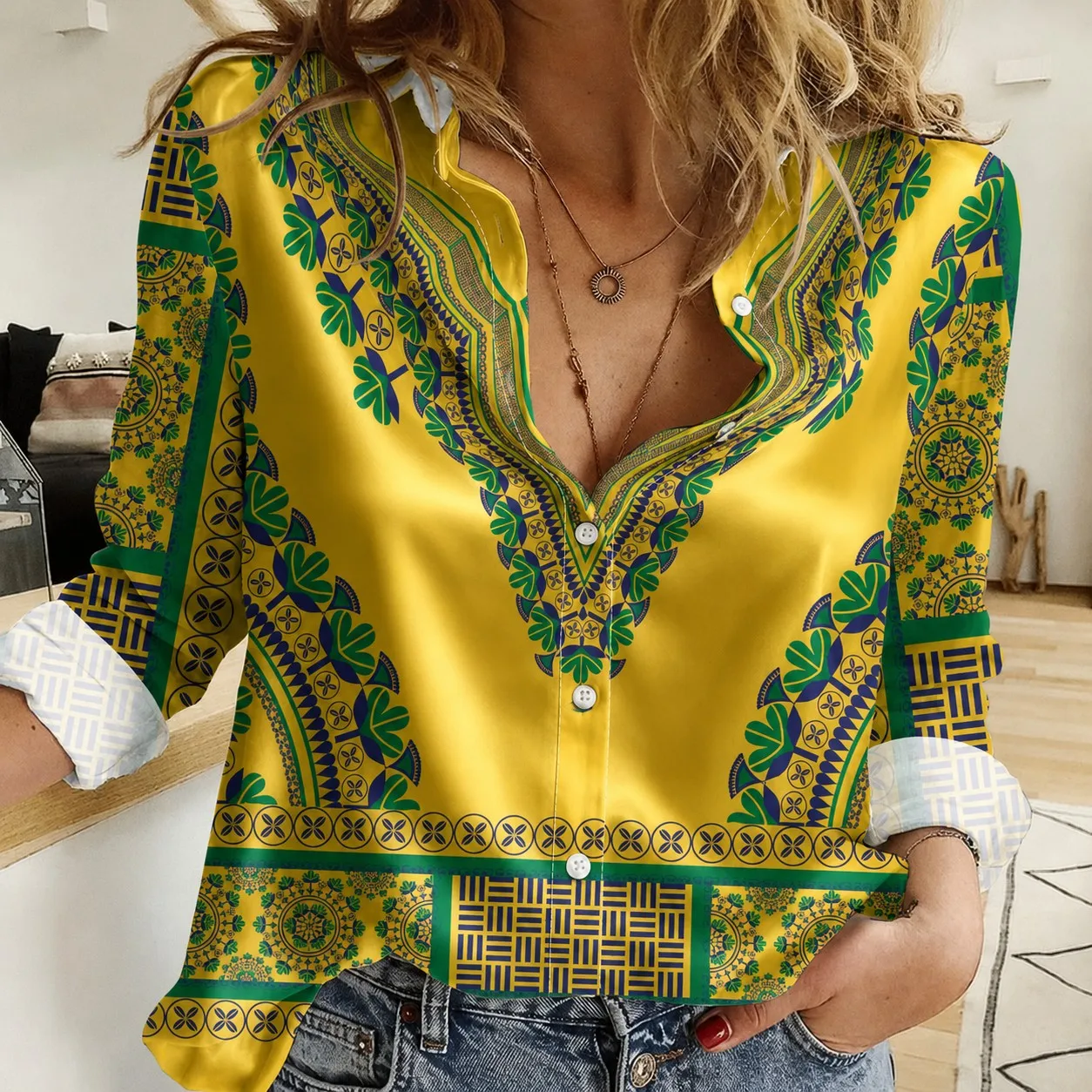 Autumn Women's Casual Shirt, Traditional Pattern Print, Collared Cardigan, Fashionable and Simple Street Style Women's Shirt
