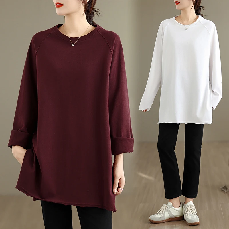 

Свободная длинная футболка размера плюс Sve V-Ne, повседневная хлопковая смесь, базовый слой, простой дизайн для осенней одежды