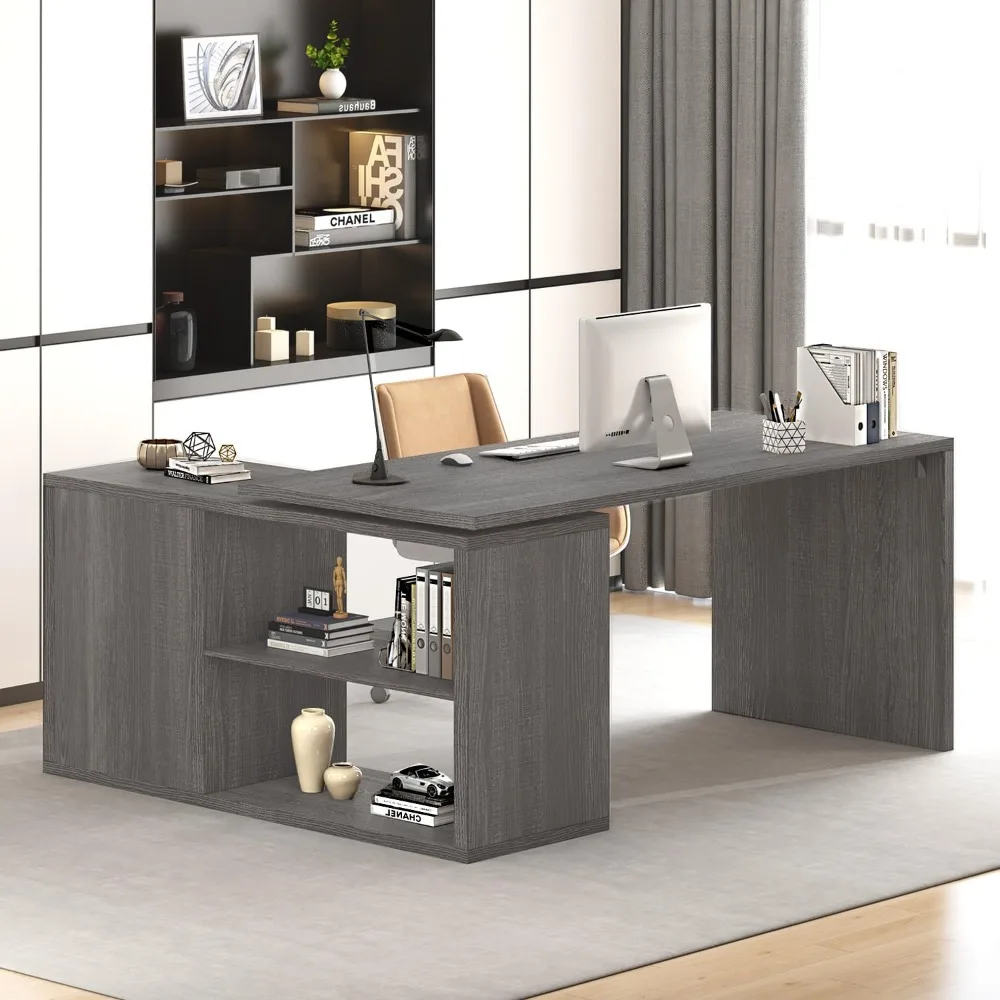 

L Shaped Computer Desk, Rustic Wood Corner Desk, Industrial Writing Workstation Table with Cabinet Drawer Storage for Home Offi
