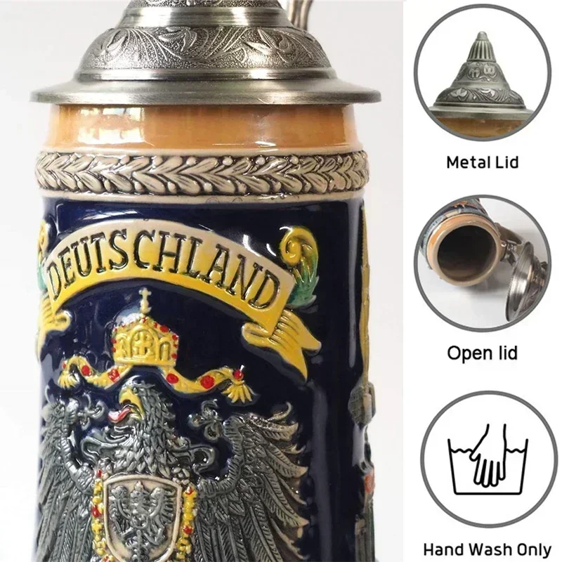 600ml Capacity Retro Ceramic Beer Mug German Beer Stein Mug Cup Large Capacity Germany Tankard Cup Best Gift With Metal Lid
