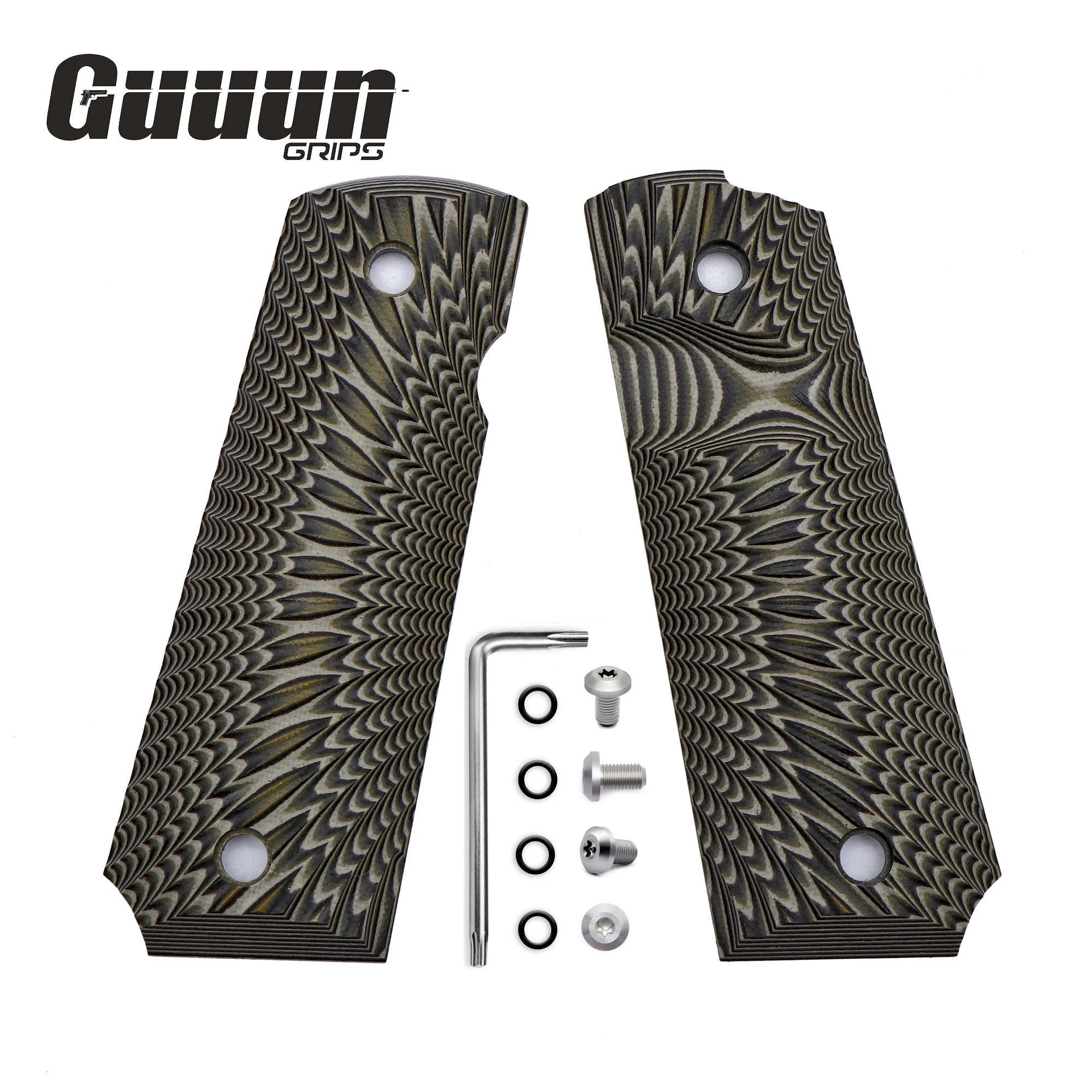 

Guuun 1911 Grips G10 Full Size Non-Slip Handle Ambi Safety Cut Big Scoop Sunburst Texture