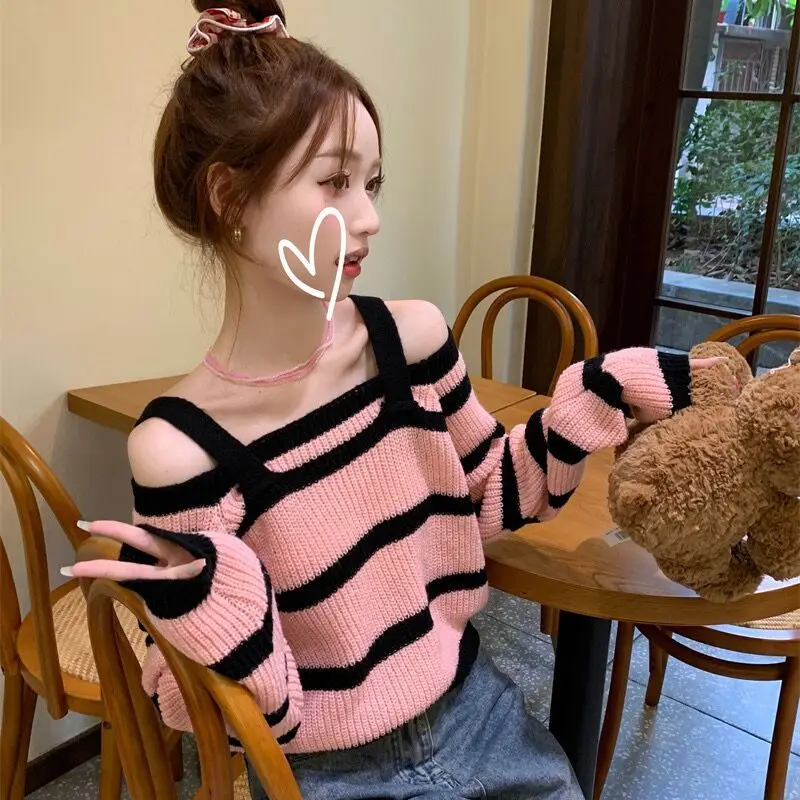 Pink Striped Korean Pullovers Top Spring Autumn New Long Sleeve Off Shoulder Loose Fashion Sweaters Sweet Casual Women Clothing