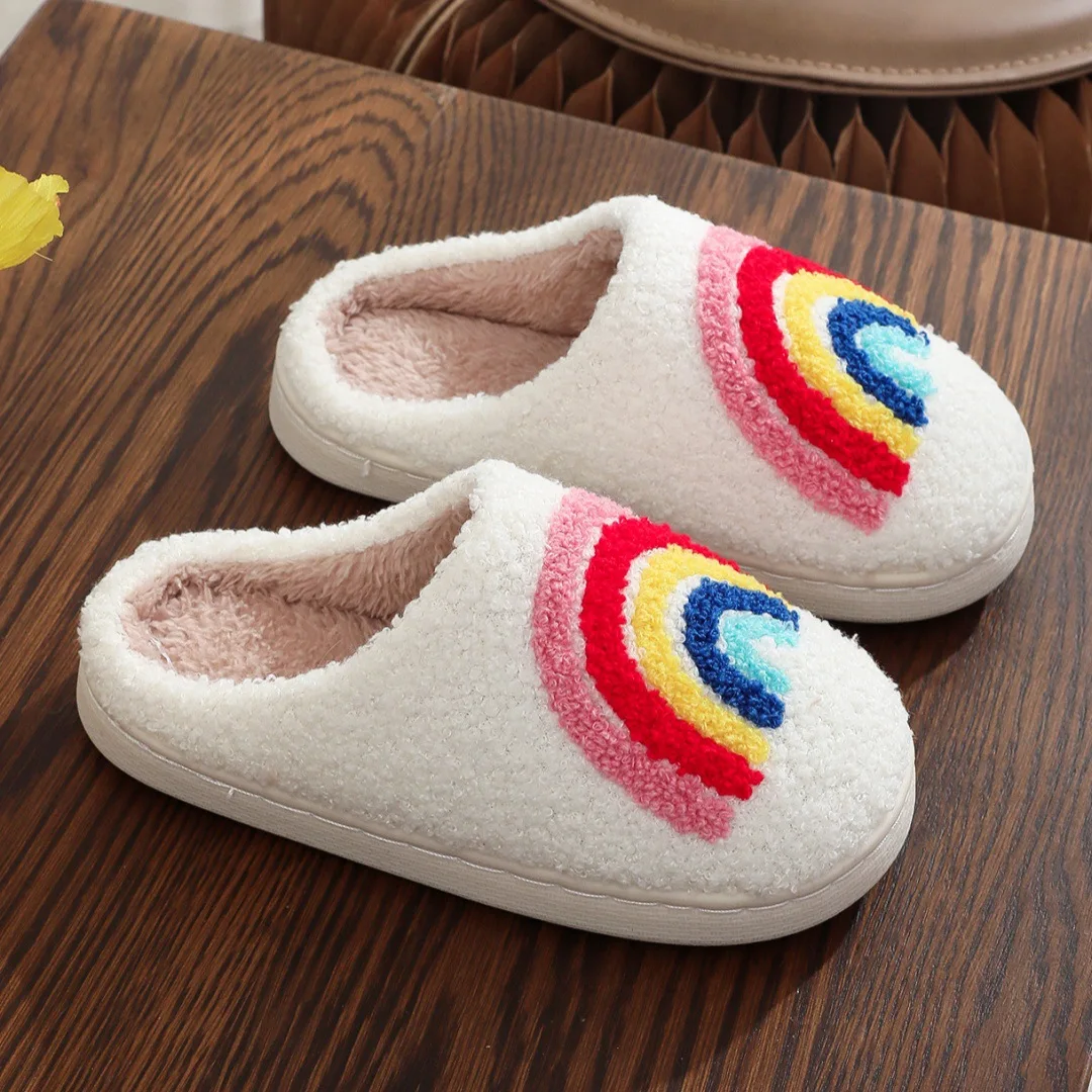 2026 Winter Regenbogen-Print Kinder Mädchen Jungen Hausschuhe Indoor Weiche Rutschfeste Paar-Hausschuhe Warme Plüsch-Flachpantoffeln Erwachsene Niedliche Schuhe – Detail 4
