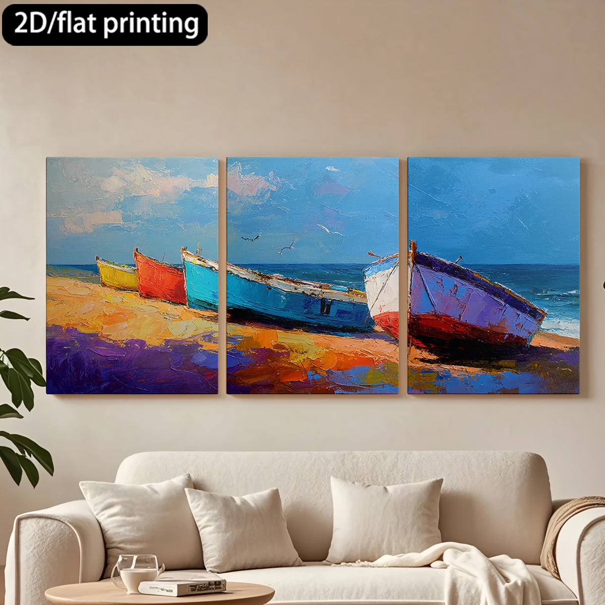 

2D плоская печать, 3-х частная декоративная картина на холсте в деревянной раме. Красочные лодки, солнечный пляж. Декор для коридора и спальни.