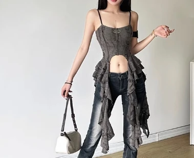 Hotsweet Sleeveless Vintage Hollow Out Chic Distressed Slim Asymmetrical Camis Straps Top French Streetwear High Street Clothing