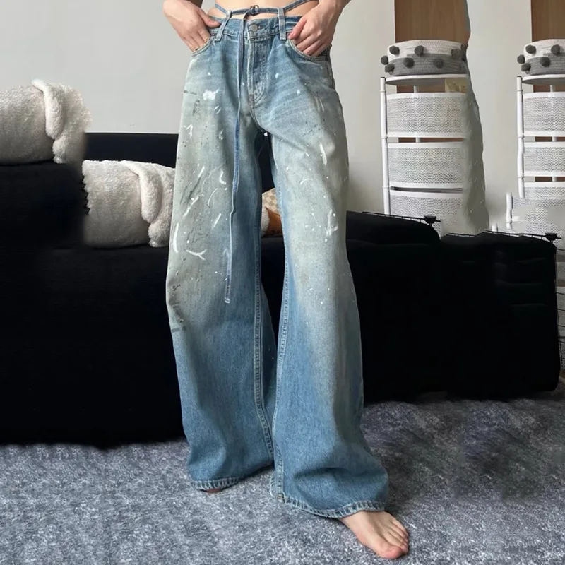 الخريف والشتاء التيار المتناوب رسمت باليد الرجال والنساء الجينز فضفاضة واسعة الساقين خفيفة الوزن غسلها محدثة النافثة للحبر السراويل عادية #3