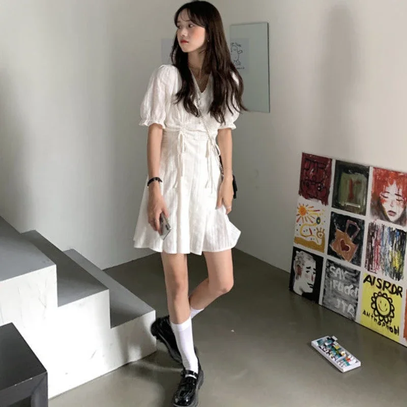 Dresses Women Pure Puff Sleeve Japanese Style Schoolgirls Sundress V-Neck Streetwear Casual Stylish Mini A-Line All-match Summer