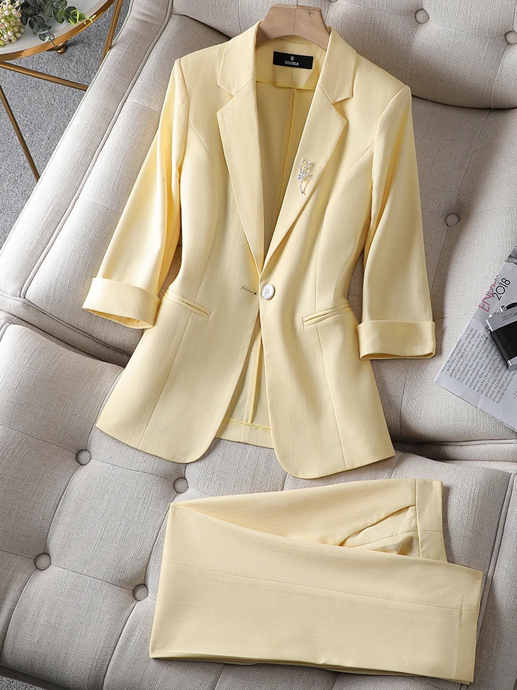 

Women Blazer Sets Solid Color Notched Collar Three Quarter SLeeve Coat+Pencil Pants 2pcs Spring Summer Fashion OL Ladies Suits