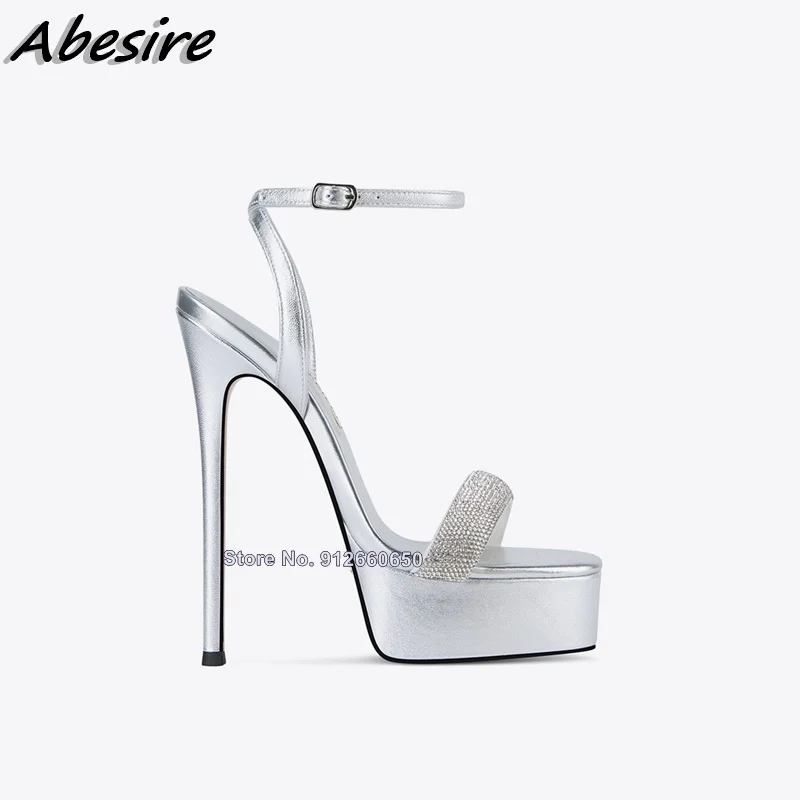 Ankle Buckle Bling Crystal Platform Sandals For Women Black Silver Open Toe High Heels Summer Shoes On Heels Stilettos Sandals