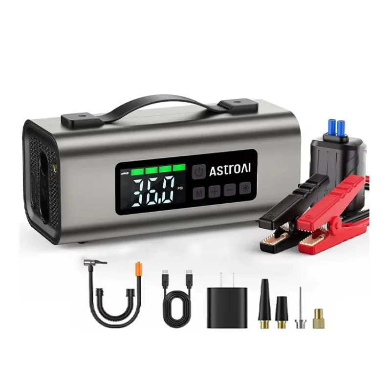 

Горячая распродажа 2025 года, новая модель, портативный стартовый насос для накачивания шин 6 в 1, аварийный источник питания, воздушный компрессор, воздуходувка, мощность банка