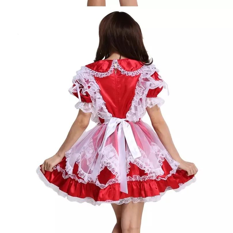 Новое сексуальное красное атласное запираемое кружевное шифоновое платье с короткими рукавами, карнавальный костюм горничной для девочек на заказ