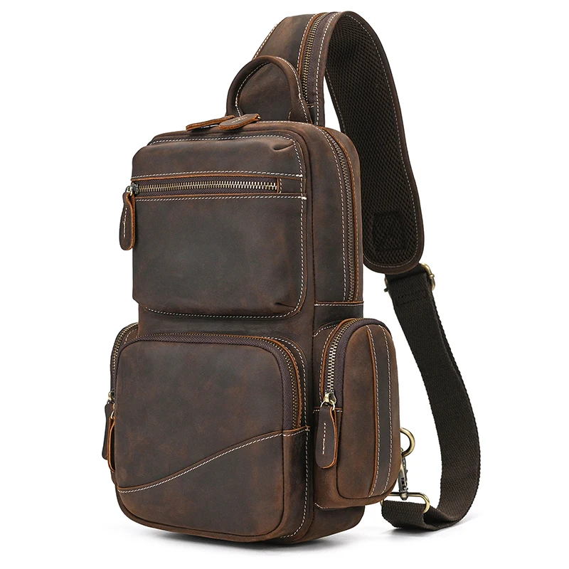 Newsbirds Genuine Leather Chest Bag Crazy Horse Leather Vintage Chest Pack Single Shoulder Crossbody Backpack For Men Male Bag