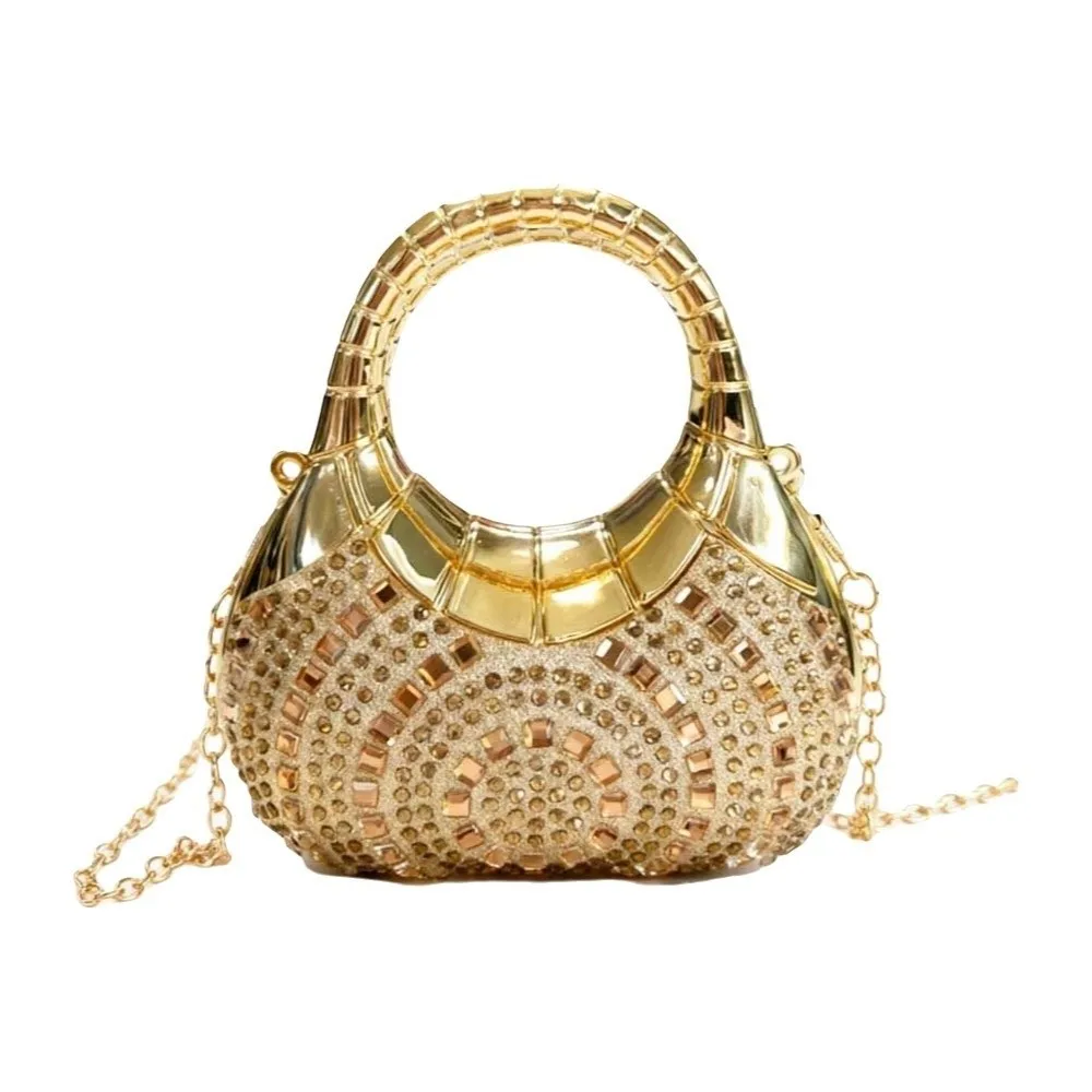

Crystal Embellished Crescent Evening Clutch Geometric Pattern High-shine Finish Rhinestone Box Purse Detachable Chain