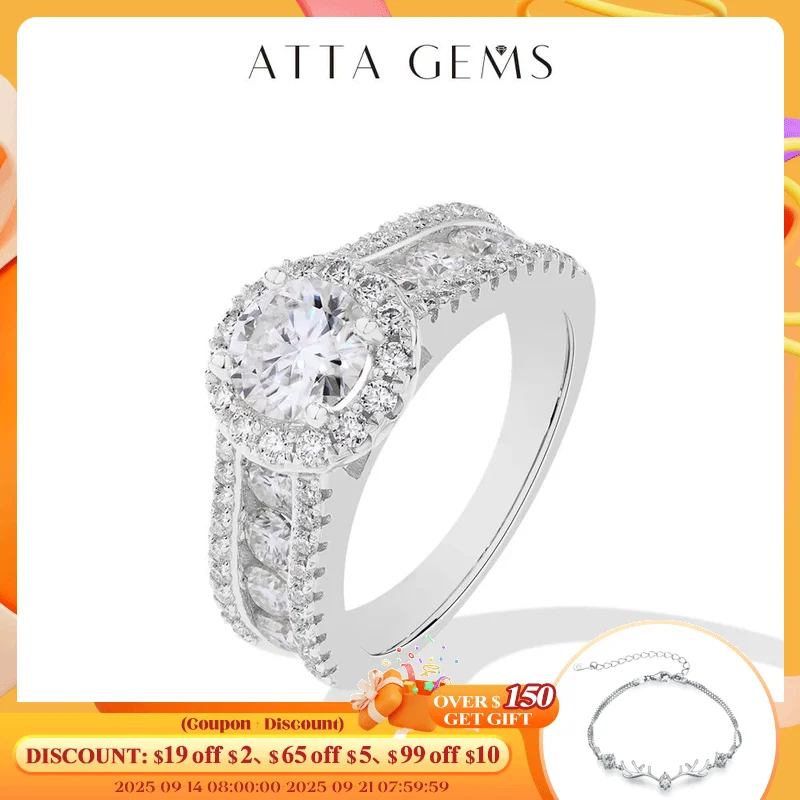 

ATTAGEMS Round Cut 1.0CT Moissanite Ring 6.5mm VVS1 Diamond for Women S925 Silver Engagement Bride Jewelry Gift With Certificate