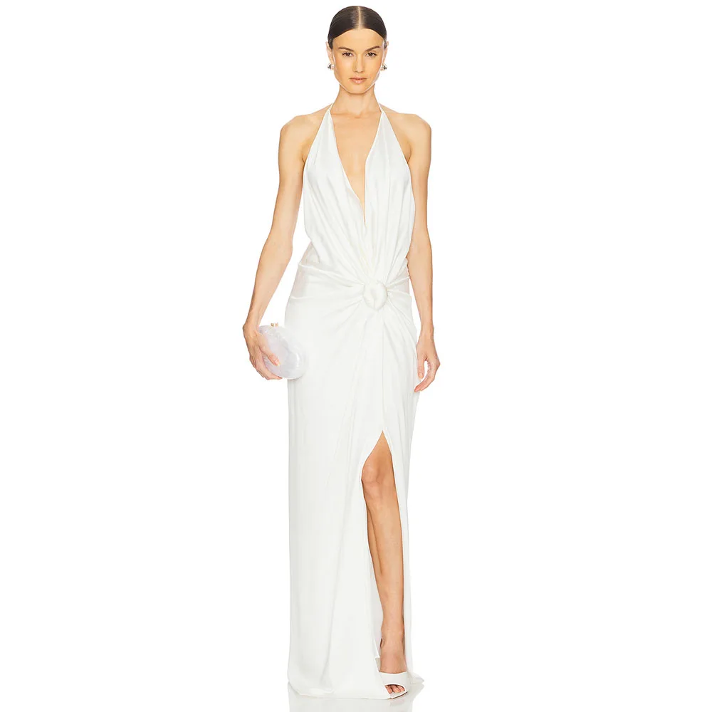 

Sexy Ivory Women‘s Evening Gown For Wedding Mermaid Formal Party Dress Floor Length Halter Prom Dress With Flower Pleat Saudi Dr