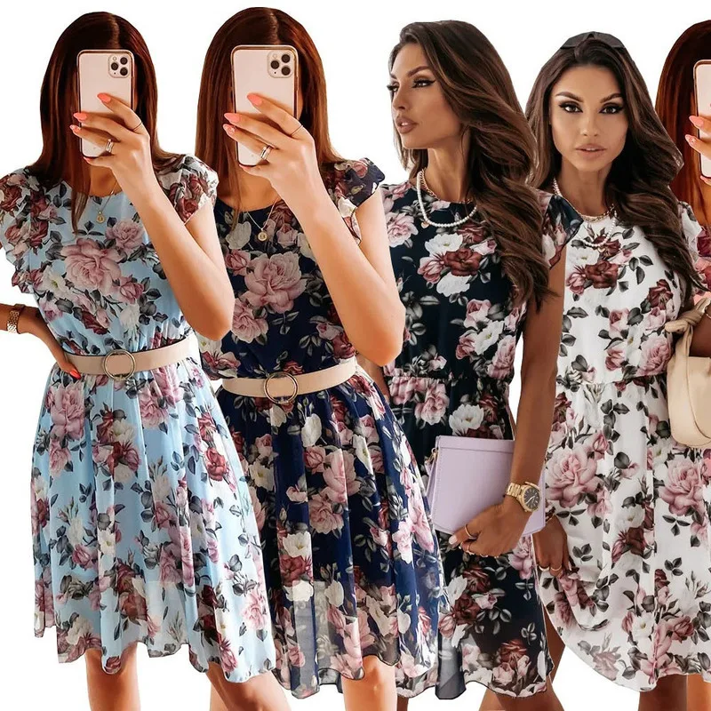 

Summer Resort Style Flounce Short Sleeve Chiffon Dress With Rose Print Floral Design Lightweight Comfortable Elegant Casual
