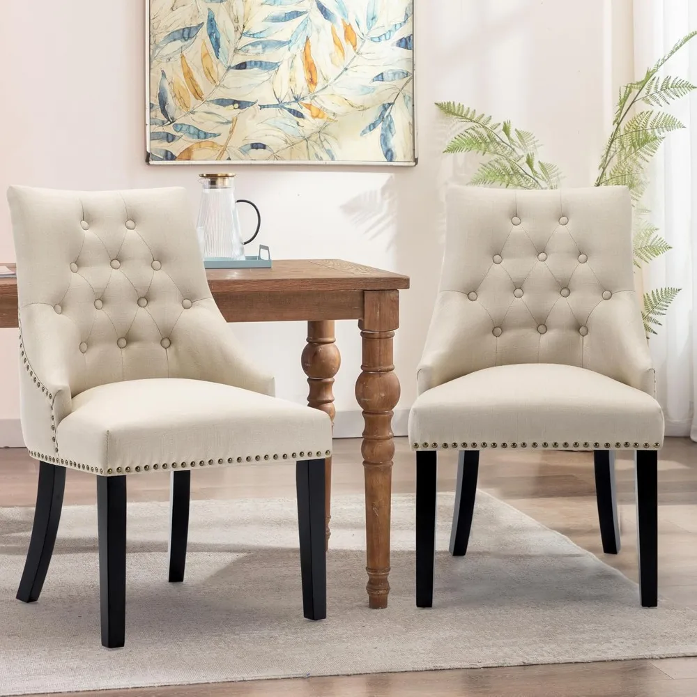 Dining Chairs Set of 2 Padded Studded Armchairs Upholstered Tufted Accent Chairs with Black Solid Wooden Legs Nailed Trim Livin