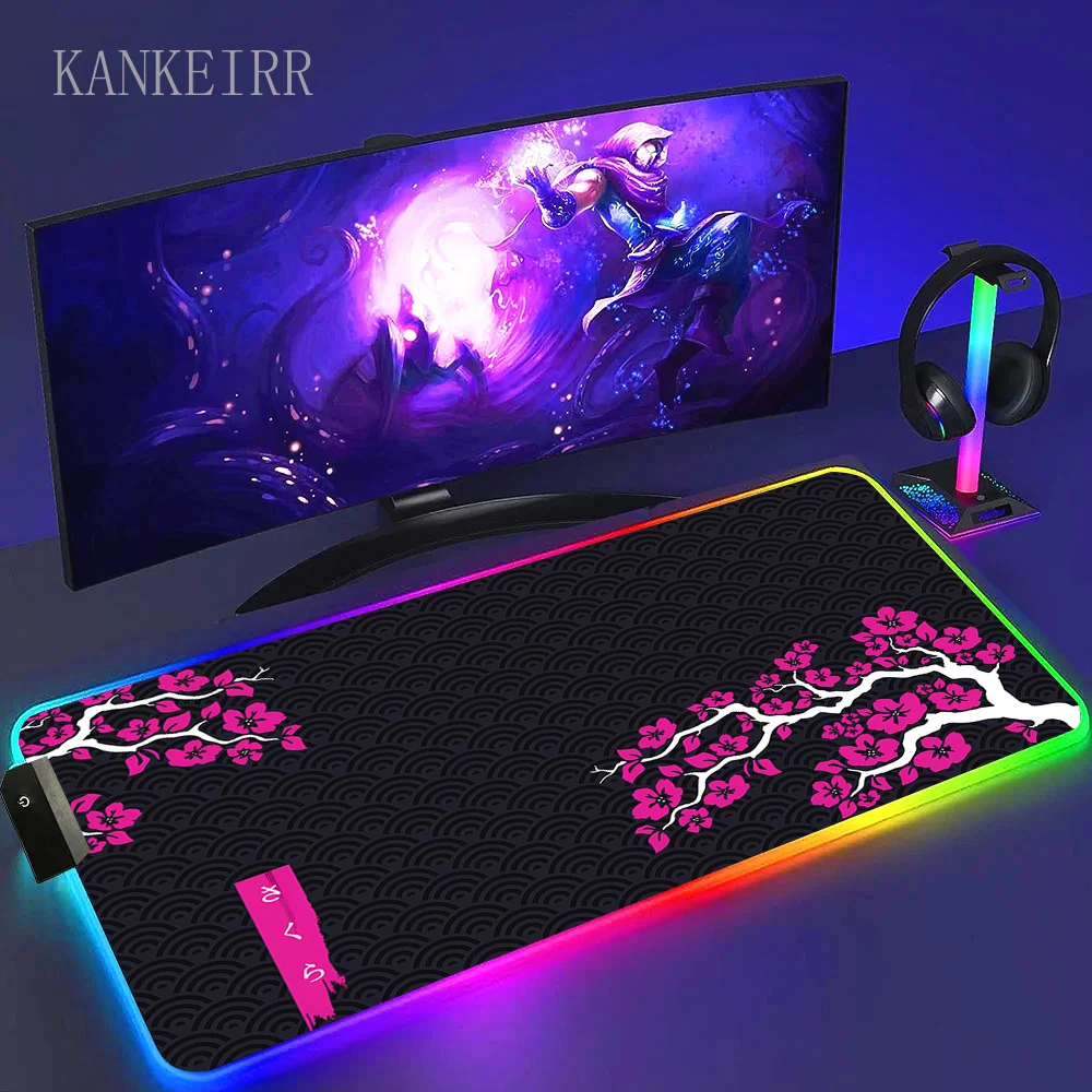 LED Desk Mat Colorful Sakura Gaming Emit Light Mouse Pad Large Office Carpet Accessories Cherry Blossom Rug RGB Computer Mats
