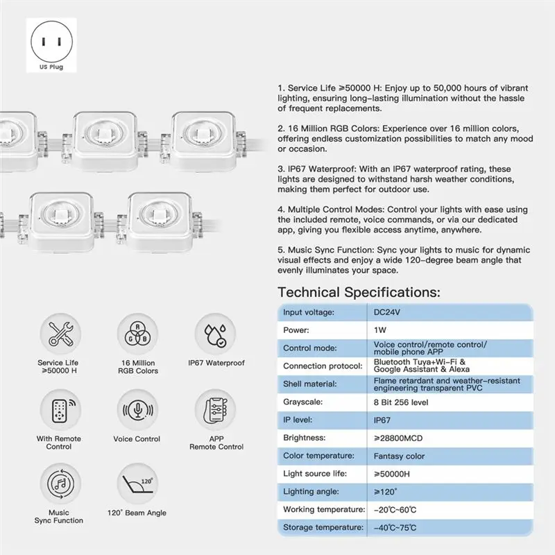 A20F-Tuya Wifi Smart Eaves String LED Light Outdoor IP67 Waterproof RGB Color RF Remote Control For Alexa Google Home