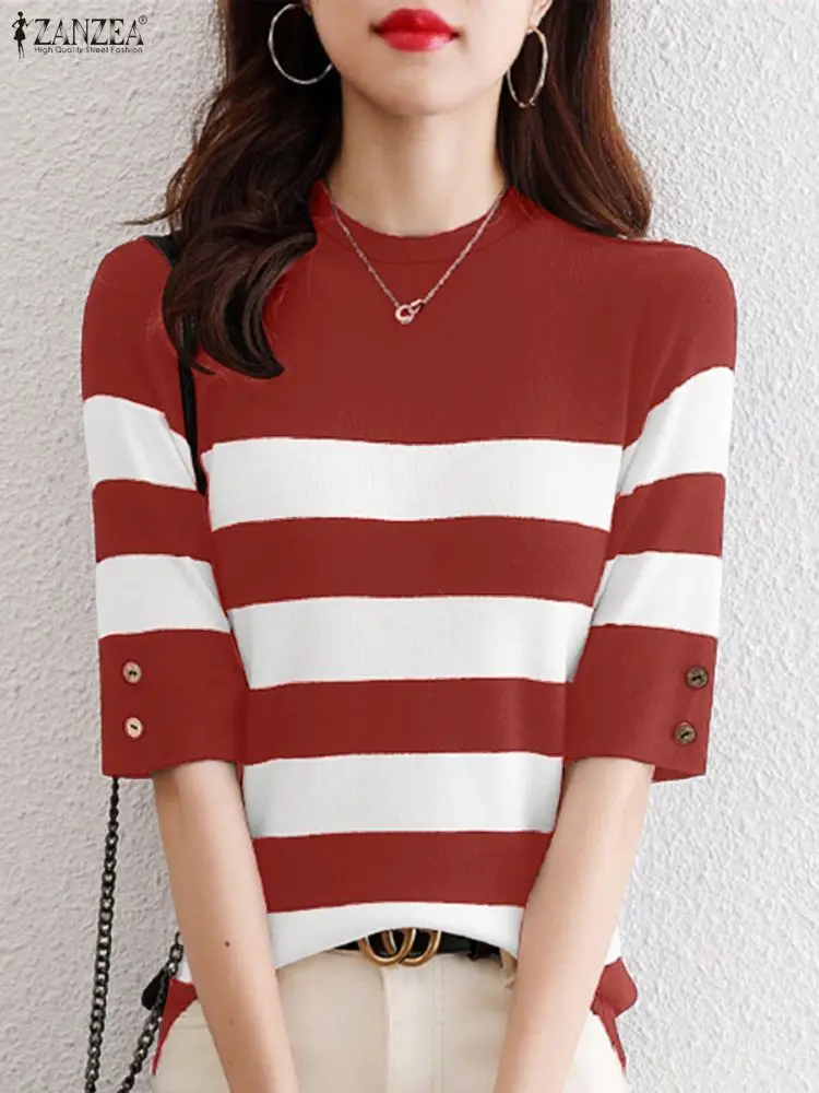 ZANZEA المرأة مخطط التباين اللون البلوزات عادية س الرقبة نصف كم أزرار تي شيرت الخريف الكورية موضة ملابس امرأة 3XL #1