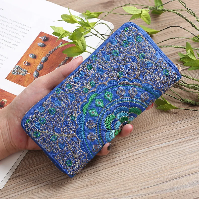 Ethnic Embroidery Flower Zipper Clutch Wallet Handbag Women Long Purse Bank Card Coin Pocket Credit Card Holder Cover Bag