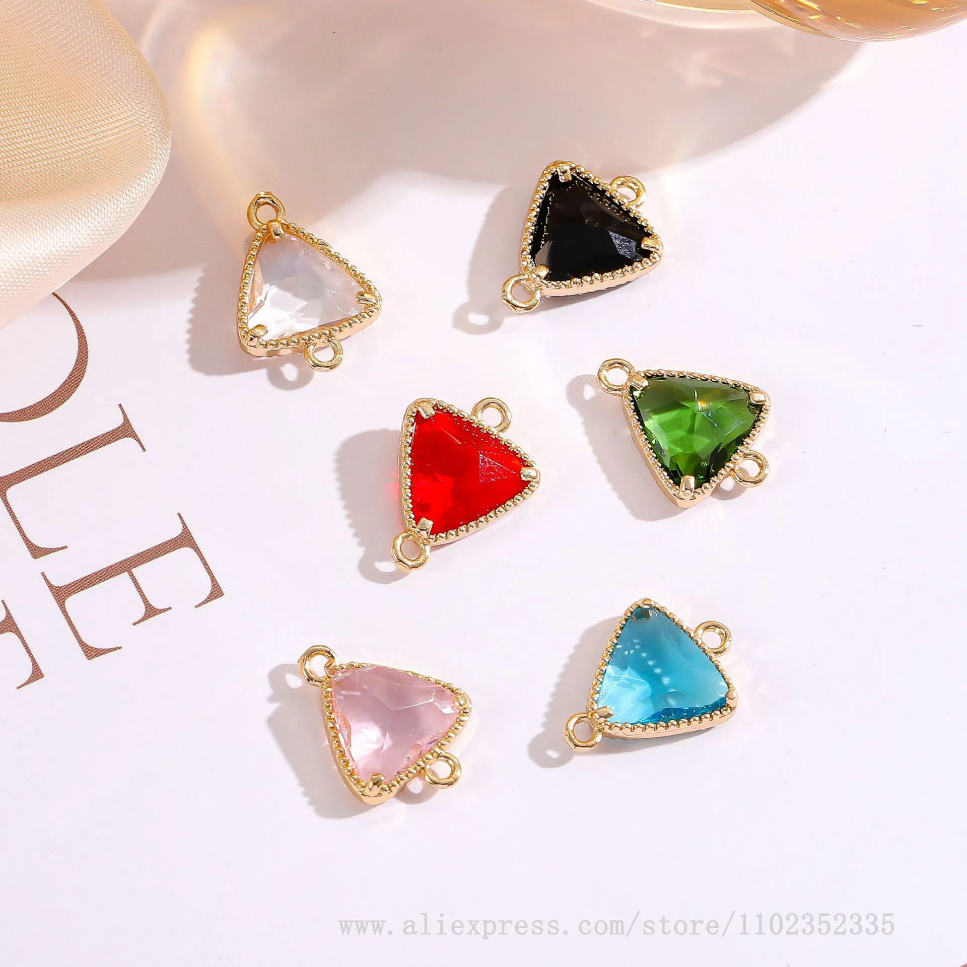 50pcs/ Bag  Fashionable new 14K gold plated zircon triangle double ring pendant DIY bracelet necklace earrings accessories