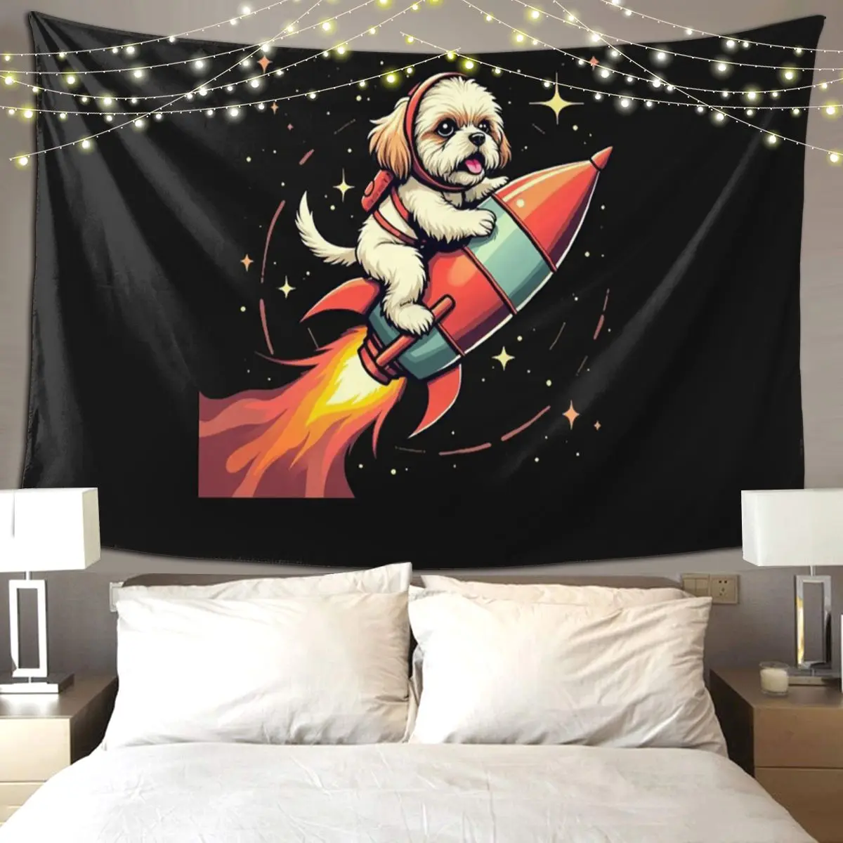 Shih_Tzu Astronaut Rocket Ride - Retro Space Adventure Tapestry Hippie Wall Hanging Aesthetic Home Decor Tapestries for Bedroom