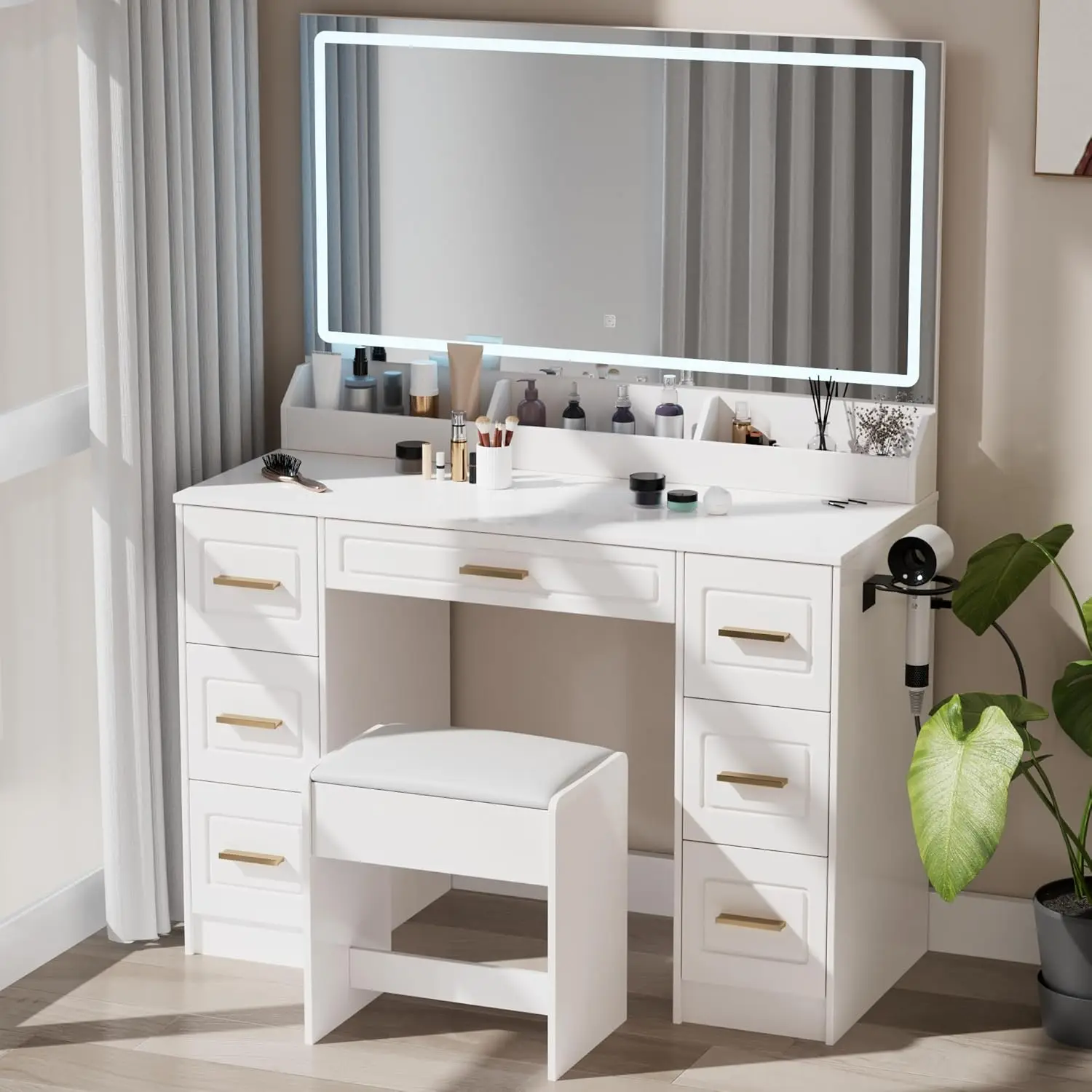 Vanity Desk With Mirror And Led Lights, 43'' W Makeup Vanity Desk With Power Outlet, 3 Color Modes, 7 Drawers Vanity Table With