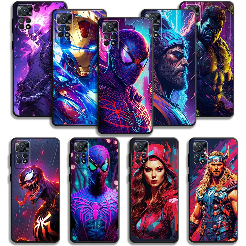 Phone Case For Xiaomi Redmi Note 13 11 12 12S 10 9 8 Pro Cover for Redmi 9 10 9C 10C 12C Marvel Cyberpunk Neon Superheros Shell