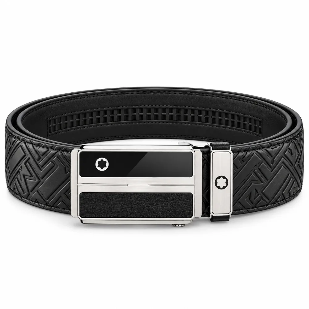 Men's Leather Belts Black Cowhide Embossed Letter Pattern 3.5cm Automatic Buckle Adjustable Cut to Fit Casual Business Trousers