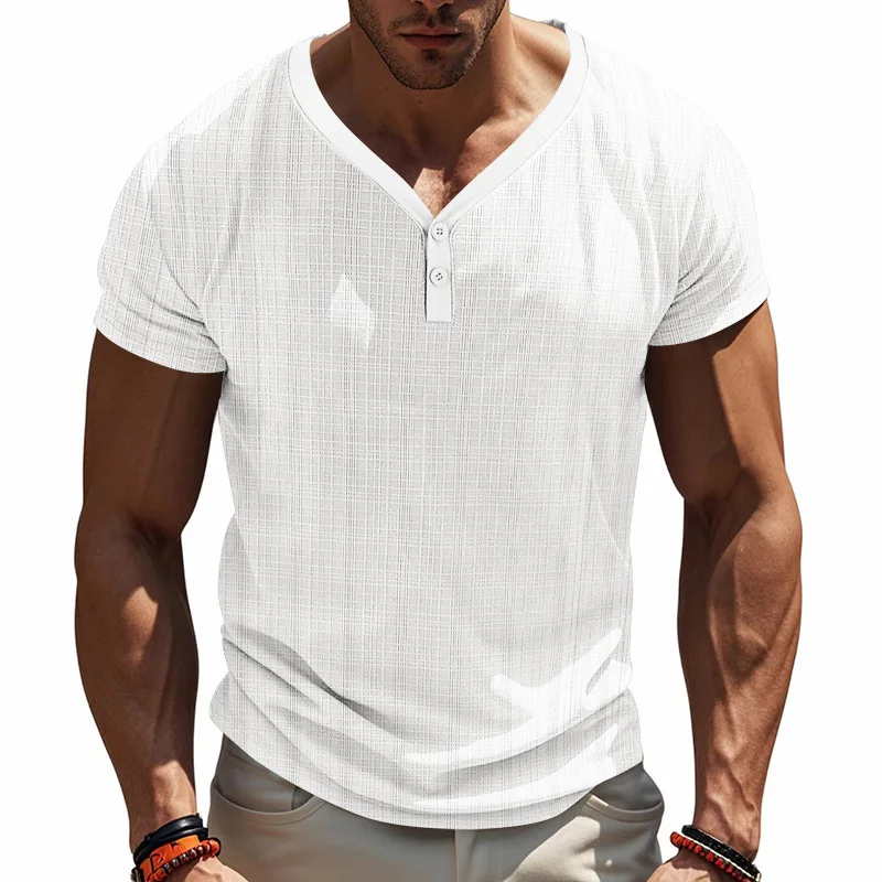 American Summer Short-sleeved T-shirt Imitation Bamboo Joint Loose Breathable Casual Tough Guy Handsome Men Henry Shirt