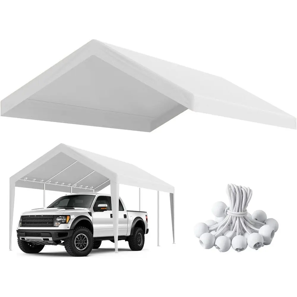 

10'x20' Replacement Cover, Carport Replacement or Car Garage, Waterproo & UV Protected Tarp with Ball Bungees, White (e is not I