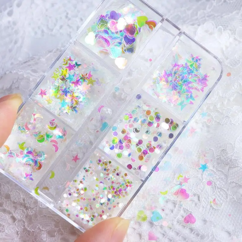 Mini 6 griglie per unghie con paillettes decorazione arcobaleno luce amore stella luna accessori per unghie materiale trasparente per il miglioramento delle unghie fai da te