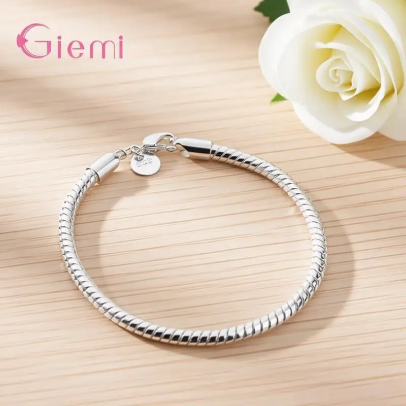 Classic 925 Sterling Silver Stamped 3/4MM Snake Chain Bracelet with Lobster Clasps for Men Women Unisex Anniversary Jewelry Gift