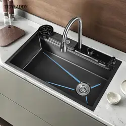 Black 304 Stainless Steel Kitchen Waterfall Sink Digital Display Single Sink Dish Basin Sink with Multifunction Waterfall Faucet