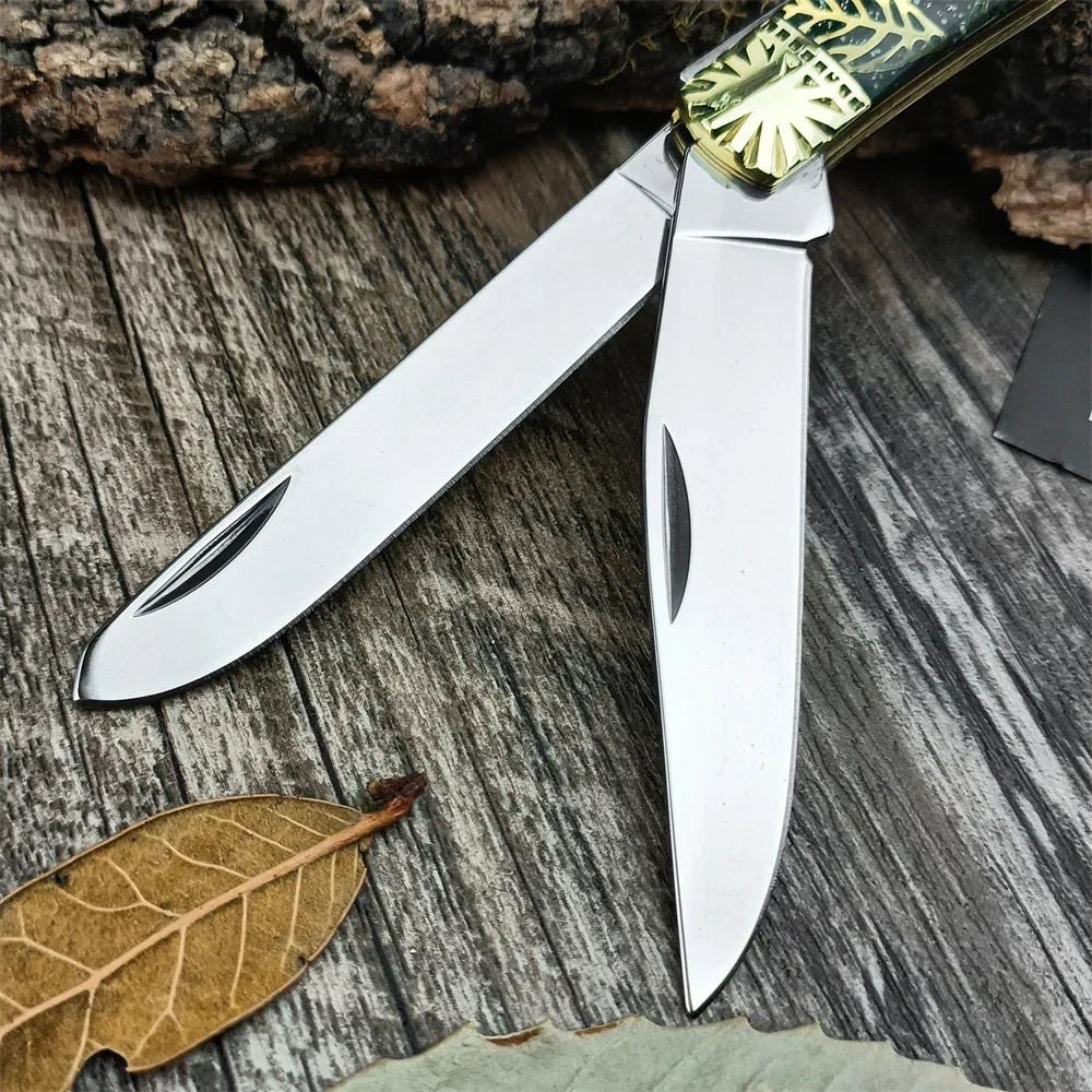 2024 New Folding Pocket Knife 440C Twin Blades Brass+resin Handle Outdoor Hunting Camping Fruit Knives Multi Tool Christmas Gift