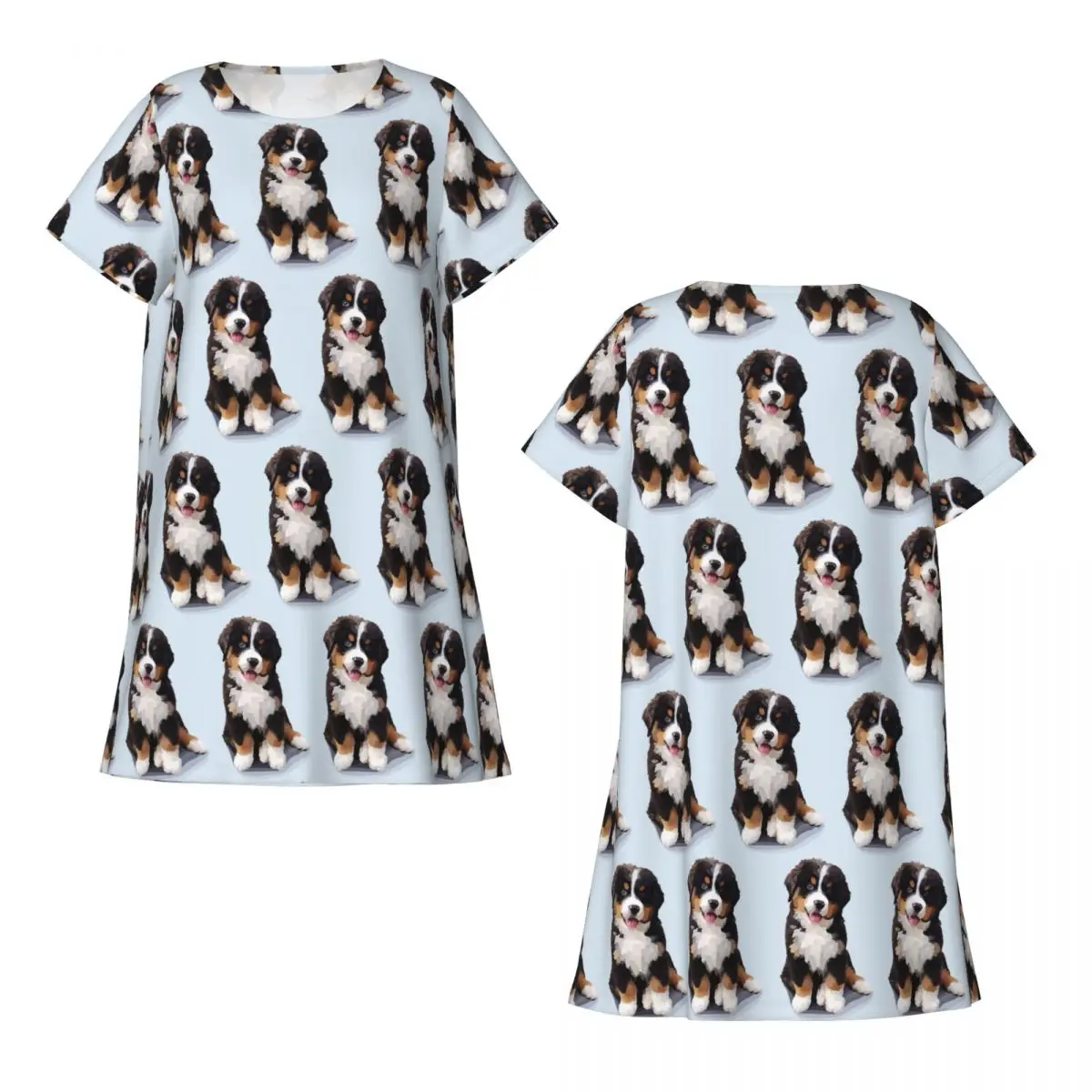 Van Gogh Style Painting Of Bernese Mountain Dog Short Sleeves Nightdress For Sleeping Women Short Sleeve Nightgowns Pajama Dress - view 4