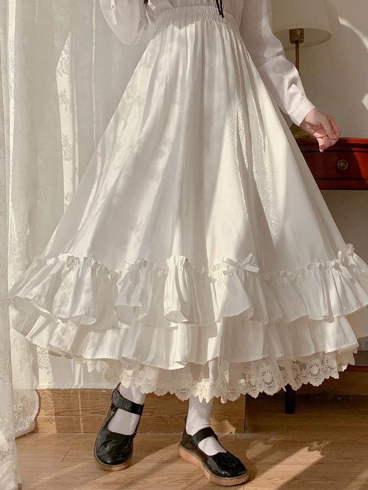 Jupe Double-couche en velours Style Lolita japonais pour femmes, jupe mi-longue à volants, taille haute, mignon Kawaii, été