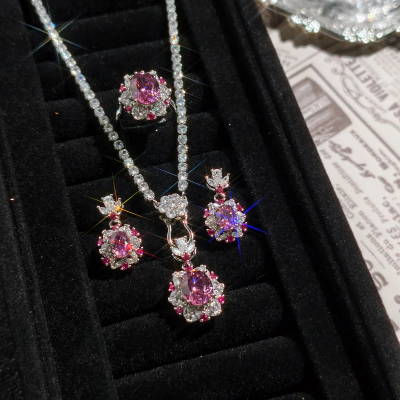 

Starry Sky Cut Dried Rose Three-Piece Full Diamond Open Ring for Women Elegant Luxurious Pendant Earrings Set