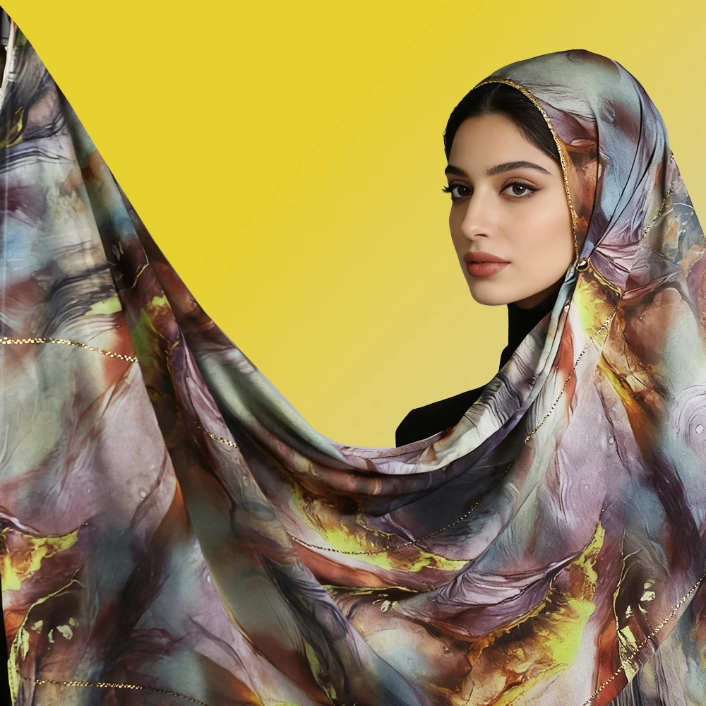 Kontrastowa chusta na głowę z arabskiego szyfonu, miękka w dotyku i delikatnie zdobiona cyrkoniami2618