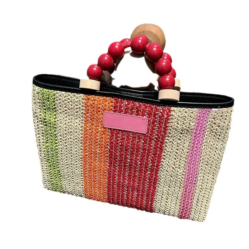 Bolsas De Lidar Com Frisado De Madeira Para Mulheres, Handmade Woven Straw Bags, Color Stripe Beach Bag, Corda De Papel, Shoulder Crossbody Tote